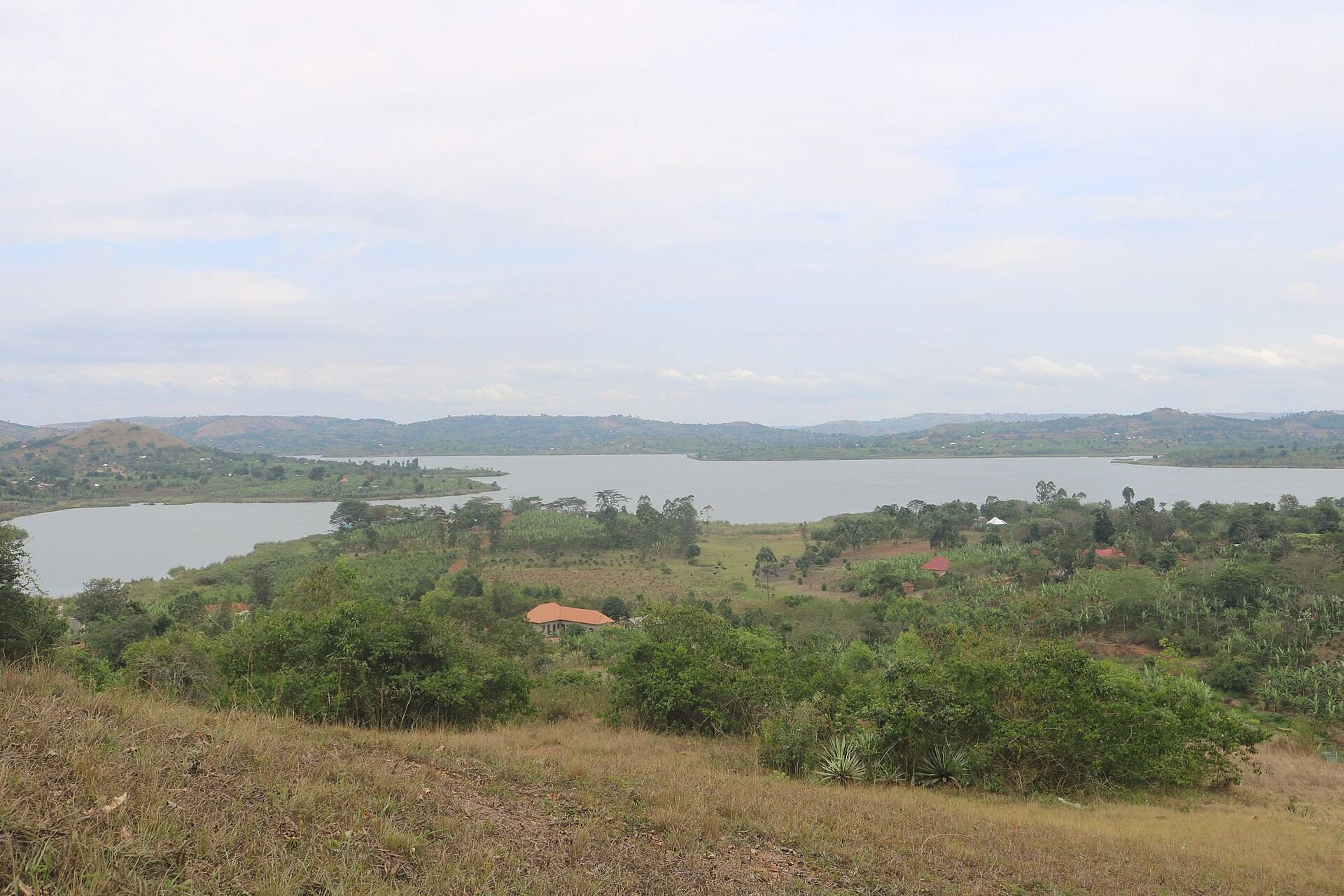 A calm lake with green hills beyond under a soft sky